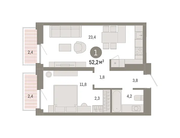 Новая 1-к квартира
 52.23 м² на 3/16 этаже в ЖК «Зарека» в городе Тюмень 