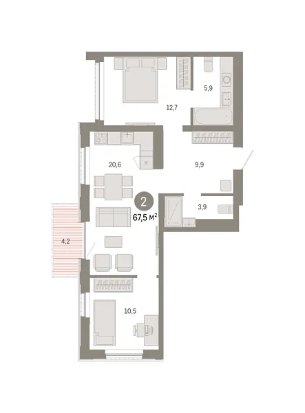 Новая 2-к квартира
 67.54 м² на 19/25 этаже в ЖК «Октябрьский на Туре» в городе Тюмень 