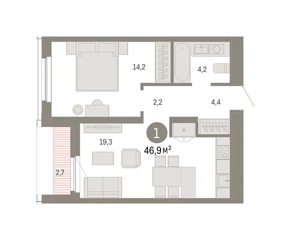 Новая 1-к квартира
 46.87 м² на 15/16 этаже в ЖК «Зарека» в городе Тюмень 