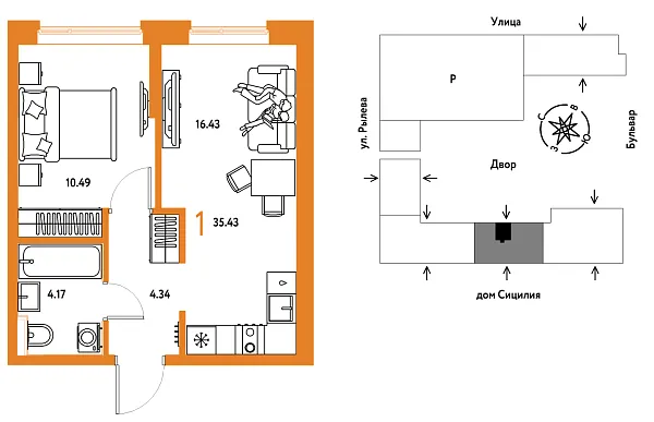 Новая 1-к квартира
 35.43 м² на 11/24 этаже в ЖК «Остров-сад» в городе Тюмень 