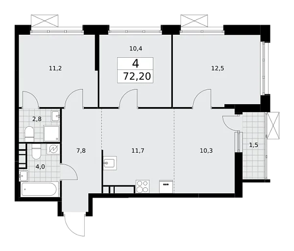 Новая 4-к квартира
 72.2 м² на 12/16 этаже в ЖК «Скандинавия» в городе Тюмень 