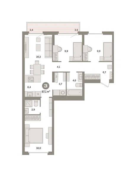 Новая 3-к квартира
 87.12 м² на 4/9 этаже в ЖК «Квартал «Депо»» в городе Тюмень 