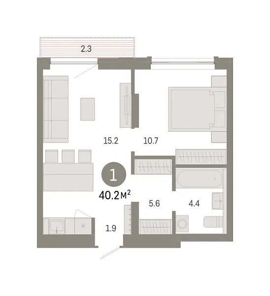 Новая 1-к квартира
 40.18 м² на 5/8 этаже в ЖК «Октябрьский на Туре» в городе Тюмень 