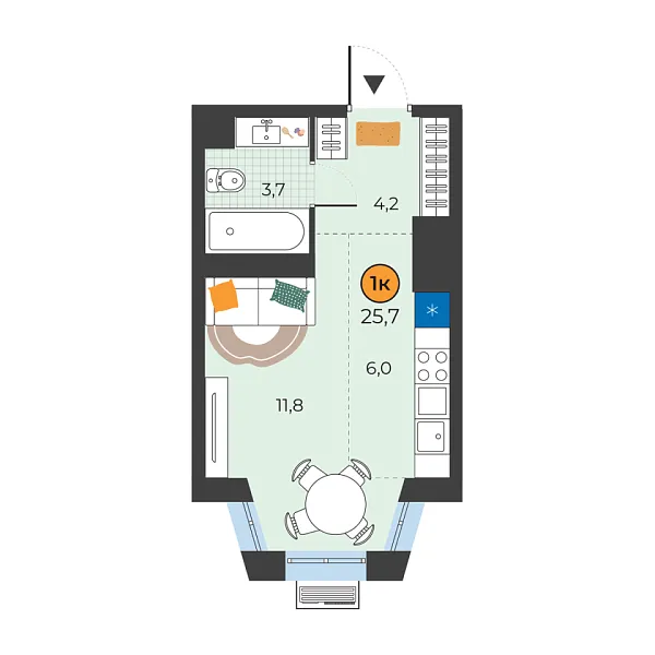 Новая квартира-студия
 25.7 м² на 23/25 этаже в ЖК «Корней» в городе Тюмень 