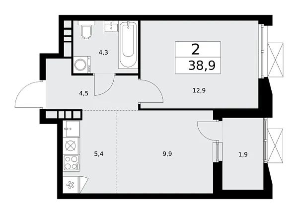 Новая 2-к квартира
 38.9 м² на 21/22 этаже в ЖК «Бунинские кварталы» в городе Тюмень 