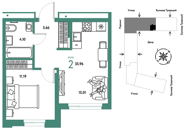 Новая 2-к квартира
 35.96 м² на 3/15 этаже в ЖК «Домашний» в городе Тюмень 