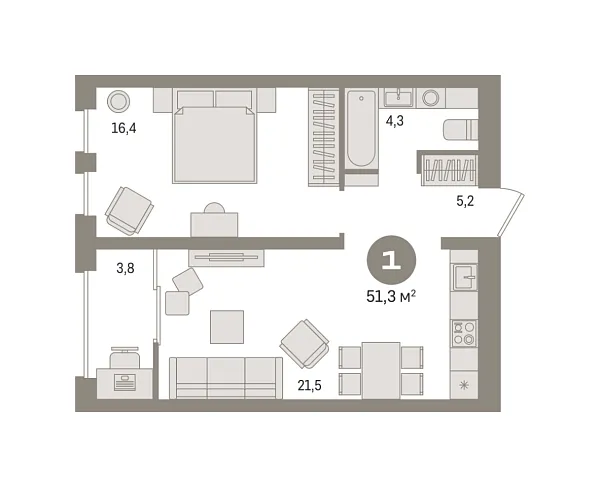 Новая 1-к квартира
 51.28 м² на 12/15 этаже в ЖК «Новин» в городе Тюмень 
