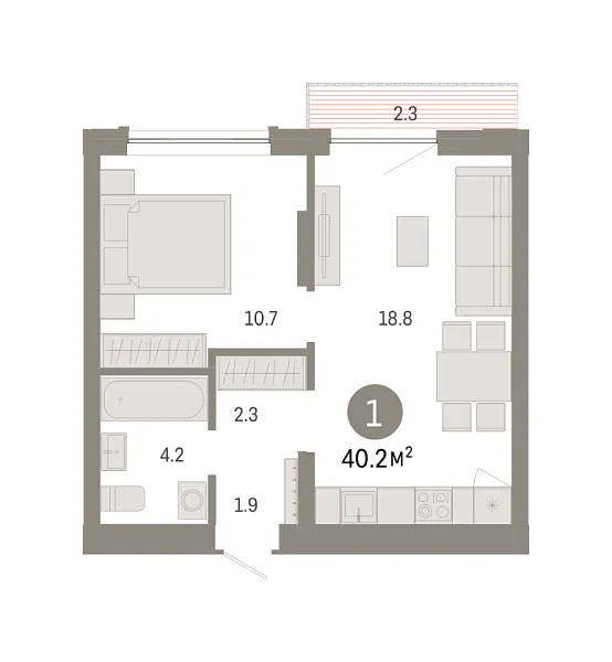 Новая 1-к квартира
 40.19 м² на 4/8 этаже в ЖК «Октябрьский на Туре» в городе Тюмень 