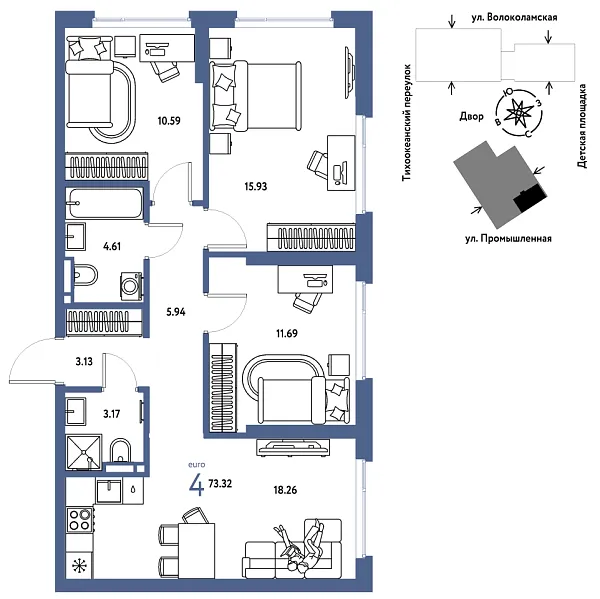 Новая 4-к квартира
 73.32 м² на 2/20 этаже в ЖК «Страна.Прибрежная» в городе Тюмень 