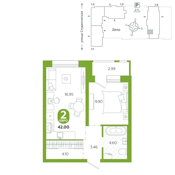 Новая 1-к квартира
 42 м² на 17/25 этаже в ЖК «Тёплые кварталы» в городе Тюмень 