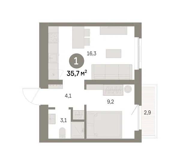 Новая 1-к квартира
 35.65 м² на 4/9 этаже в ЖК «Шишимская горка» в городе Тюмень 