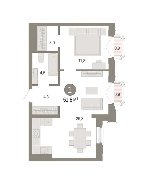 Новая 1-к квартира
 51.8 м² на 8/9 этаже в ЖК «На Некрасова» в городе Тюмень 
