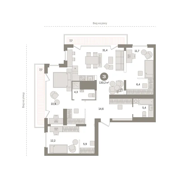 Новая 3-к квартира
 130.2 м² на 25/25 этаже в ЖК «Октябрьский на Туре» в городе Тюмень 