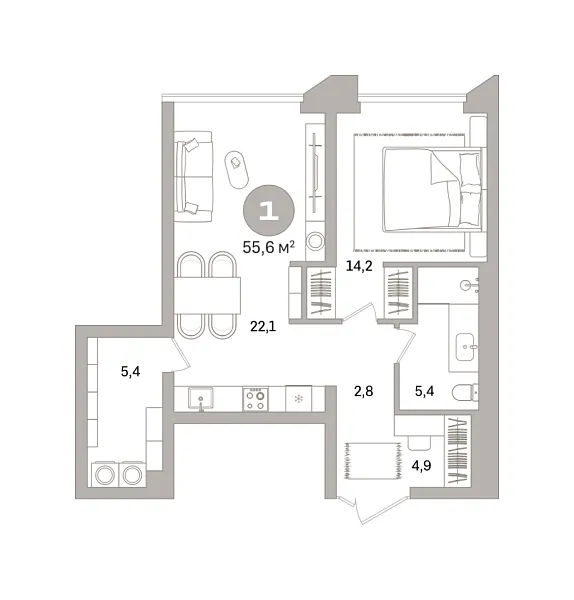 Новая 1-к квартира
 55.57 м² на 11/21 этаже в ЖК «Гоголя 21» в городе Тюмень 