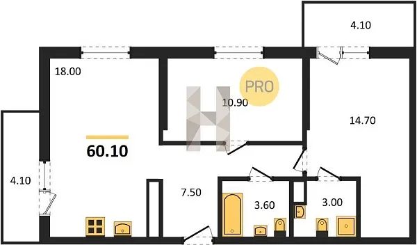 Новая 2-к квартира
 60.1 м² на 23/24 этаже в ЖК «Облака-2» в городе Тюмень 