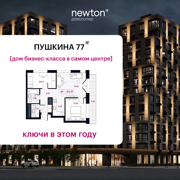 Новая 2-к квартира
 63.31 м² на 5/16 этаже в ЖК «Пушкина» в городе Тюмень 