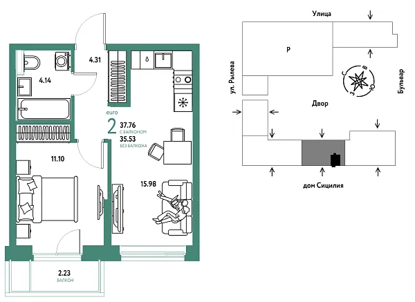 Новая 2-к квартира
 37.76 м² на 7/24 этаже в ЖК «Остров-сад» в городе Тюмень 