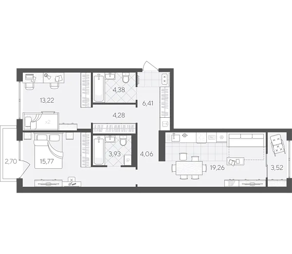 Новая 2-к квартира
 77.53 м² на 6/9 этаже в ЖК «Скандиа. Квартал в Комарово Парк» в городе Тюмень 