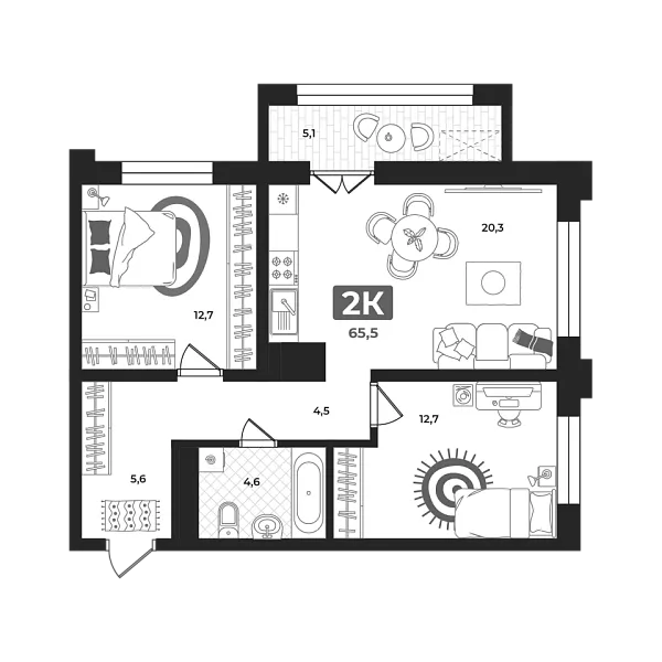 Новая 2-к квартира
 65.5 м² на 18/22 этаже в ЖК «Маэстро» в городе Тюмень 