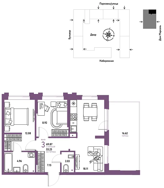 Новая 3-к квартира
 69.87 м² на 21/24 этаже в ЖК «Европейский берег 2.0» в городе Тюмень 