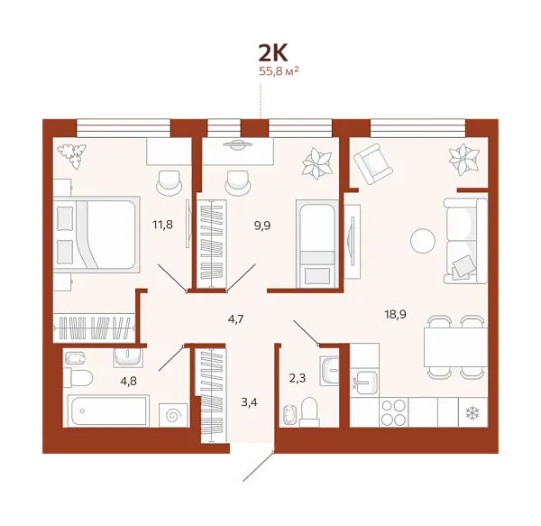 Новая 2-к квартира
 55.81 м² на 11/14 этаже в ЖК «ЖК Новатор» в городе Тюмень 