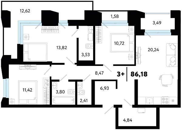Новая 3-к квартира
 86.18 м² на 2/16 этаже в ЖК «Кедровый берег» в городе Тюмень 