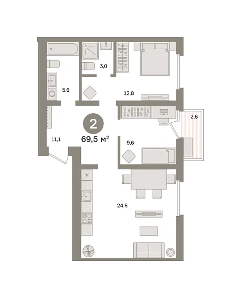 Новая 2-к квартира
 69.51 м² на 6/7 этаже в ЖК «Зарека» в городе Тюмень 