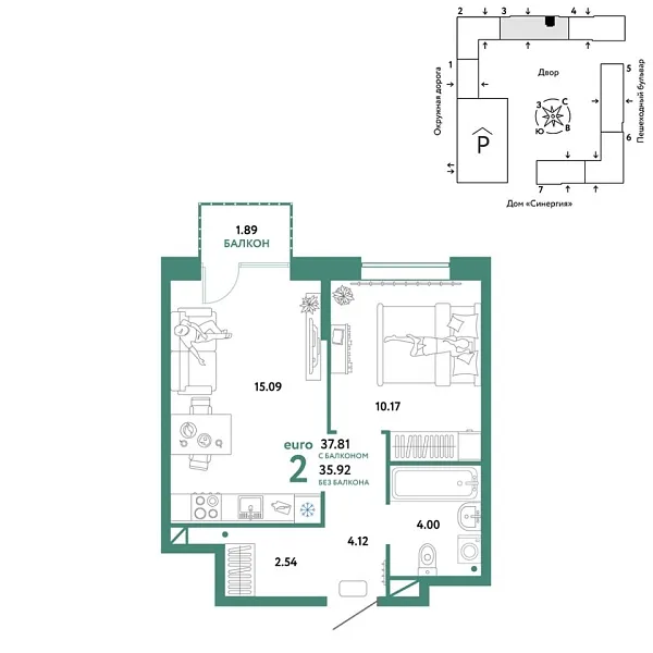 Новая 2-к квартира
 37.81 м² на 4/16 этаже в ЖК «Юнион» в городе Тюмень 