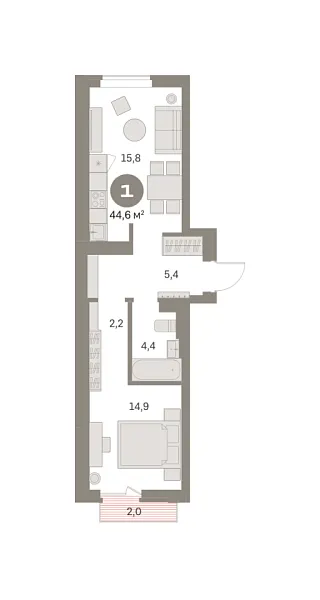 Новая 1-к квартира
 44.57 м² на 2/9 этаже в ЖК «Брусника в Академическом» в городе Тюмень 
