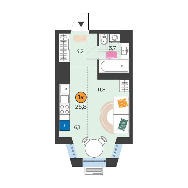 Новая квартира-студия
 25.8 м² на 25/25 этаже в ЖК «Корней» в городе Тюмень 