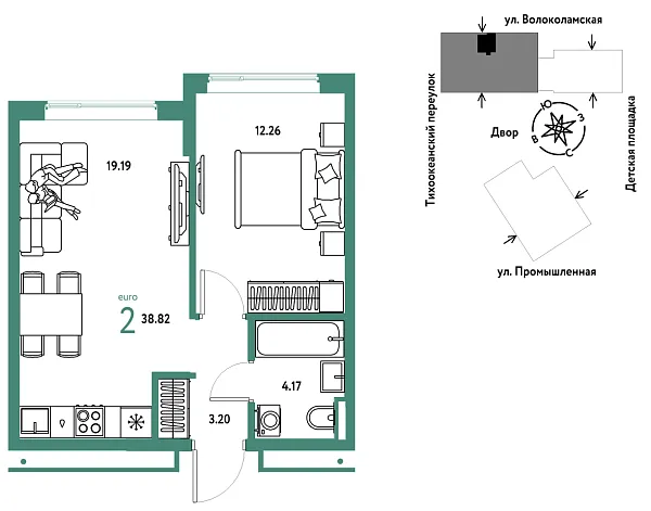 Новая 2-к квартира
 38.82 м² на 13/20 этаже в ЖК «Страна.Прибрежная» в городе Тюмень 