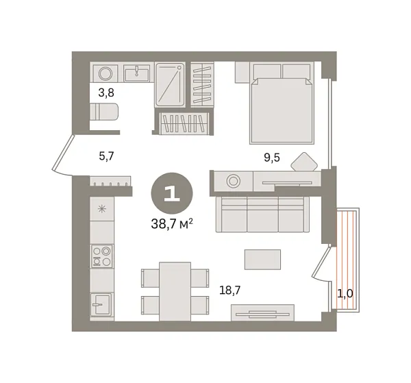 Новая 1-к квартира
 38.7 м² на 2/8 этаже в ЖК «Первый квартал» в городе Тюмень 