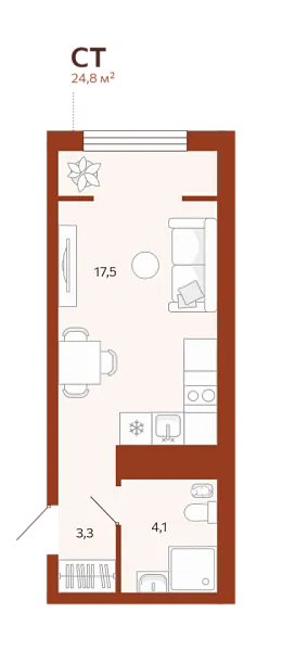 Новая квартира-студия
 24.82 м² на 11/14 этаже в ЖК «ЖК Новатор» в городе Тюмень 