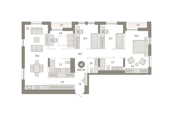 Новая 4-к квартира
 124.71 м² на 17/17 этаже в ЖК «Республики 205» в городе Тюмень 