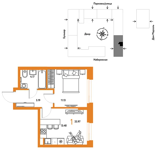 Новая 1-к квартира
 33.97 м² на 2/24 этаже в ЖК «Европейский берег 2.0» в городе Тюмень 