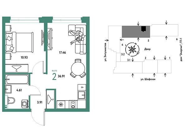 Новая 2-к квартира
 36.91 м² на 10/24 этаже в ЖК «Страна.Энтузиастов» в городе Тюмень 