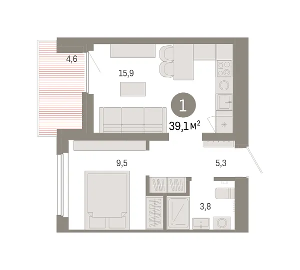 Новая 1-к квартира
 39.06 м² на 9/9 этаже в ЖК «Брусника в Академическом» в городе Тюмень 