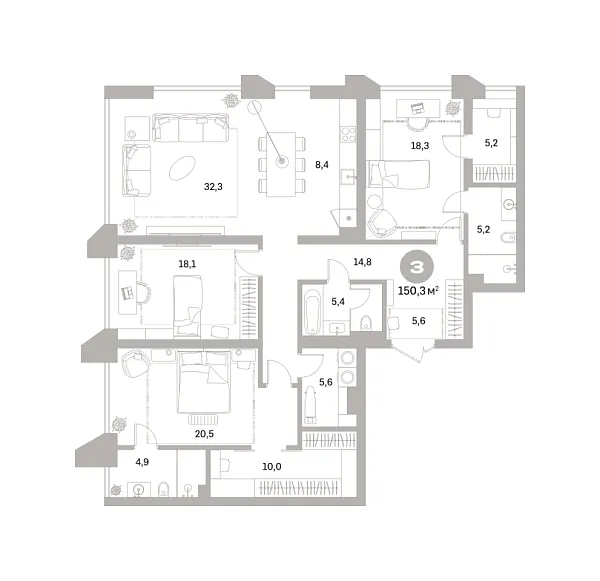 Новая 3-к квартира
 150.32 м² на 18/25 этаже в ЖК «Гоголя 21» в городе Тюмень 