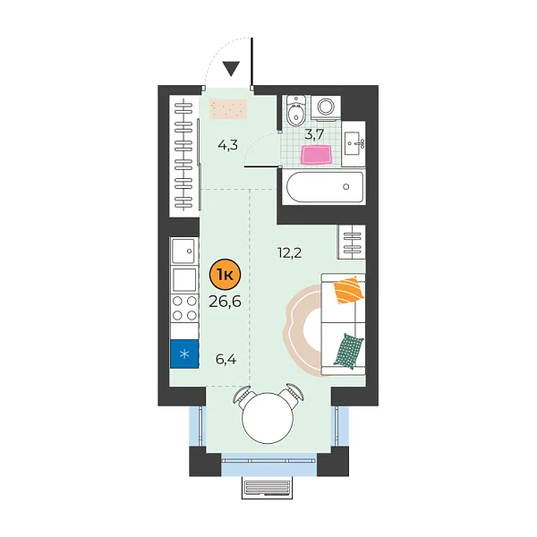 Новая квартира-студия
 26.6 м² на 4/25 этаже в ЖК «Корней» в городе Тюмень 