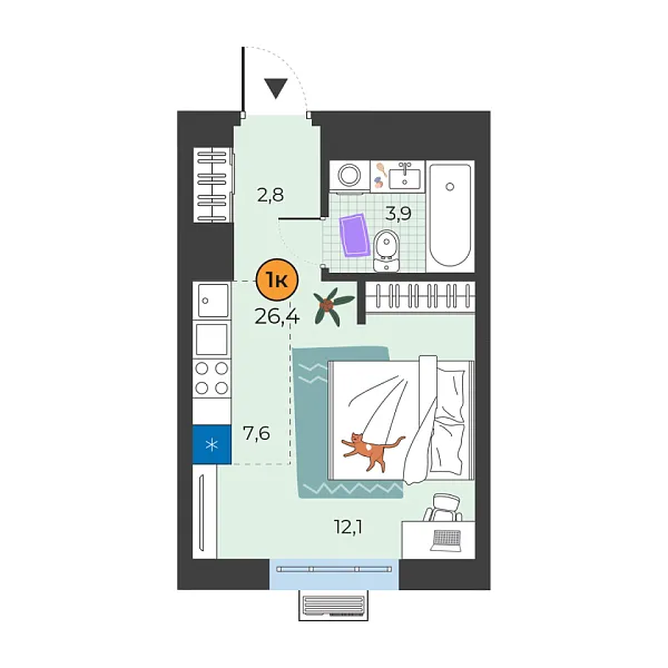 Новая квартира-студия
 26.4 м² на 6/25 этаже в ЖК «Корней» в городе Тюмень 