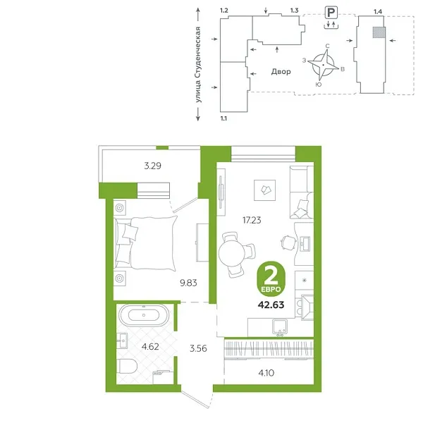 Новая 1-к квартира
 42.63 м² на 15/25 этаже в ЖК «Тёплые кварталы» в городе Тюмень 