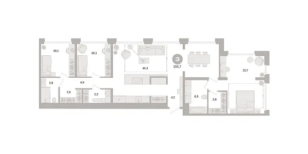 Новая 3-к квартира
 116.7 м² на 12/21 этаже в ЖК «Дом «А»» в городе Тюмень 