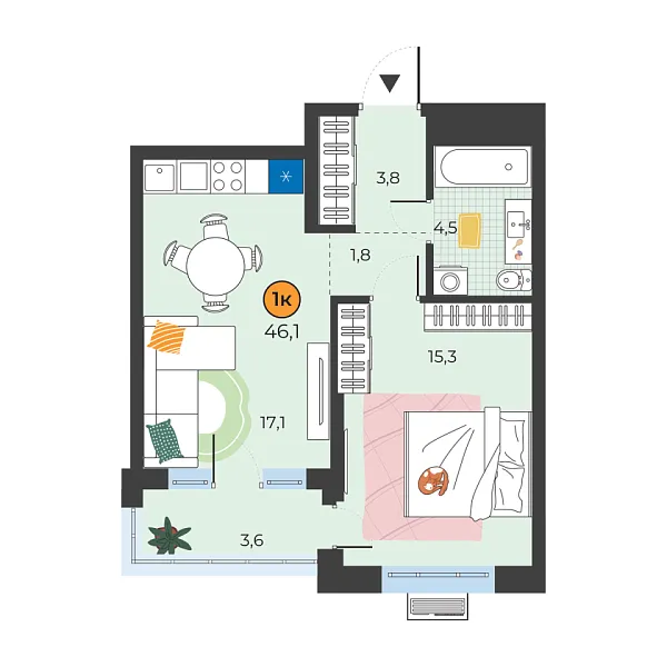 Новая 1-к квартира
 43.6 м² на 6/25 этаже в ЖК «Корней» в городе Тюмень 