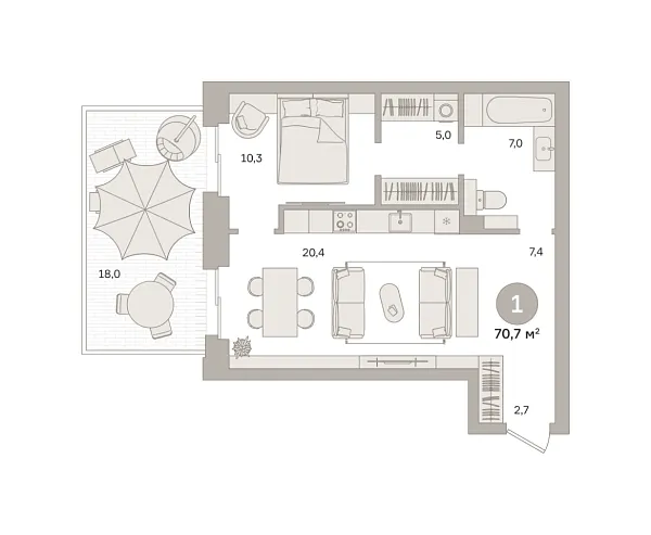 Новая 1-к квартира
 70.72 м² на 4/25 этаже в ЖК «Квартал «МОНС»» в городе Тюмень 