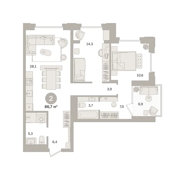 Новая 2-к квартира
 86.65 м² на 11/25 этаже в ЖК «Квартал «МОНС»» в городе Тюмень 