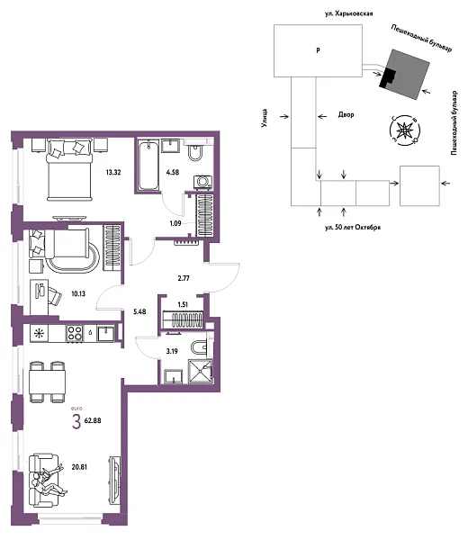 Новая 3-к квартира
 62.88 м² на 7/25 этаже в ЖК «Сердце Сибири» в городе Тюмень 