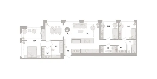 Новая 3-к квартира
 116.7 м² на 12/21 этаже в ЖК «Дом «А»» в городе Тюмень 