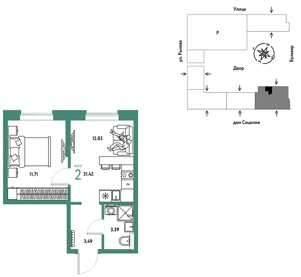 Новая 2-к квартира
 31.42 м² на 12/24 этаже в ЖК «Остров-сад» в городе Тюмень 