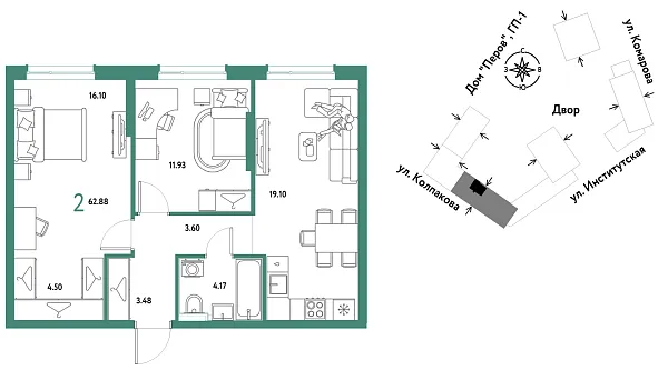 Новая 2-к квартира
 62.88 м² на 11/25 этаже в ЖК «Страна.Парковая» в городе Тюмень 