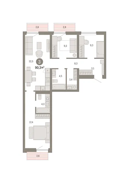 Новая 3-к квартира
 90.32 м² на 7/9 этаже в ЖК «Южные кварталы» в городе Тюмень 